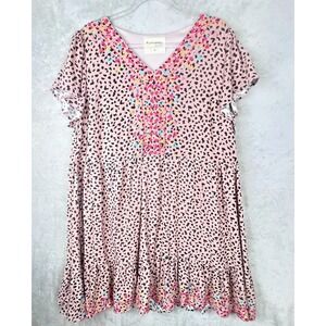 Savanna Jane Plus Pink Embroidered Boho Tunic Dress XL Leopard Print Peasant